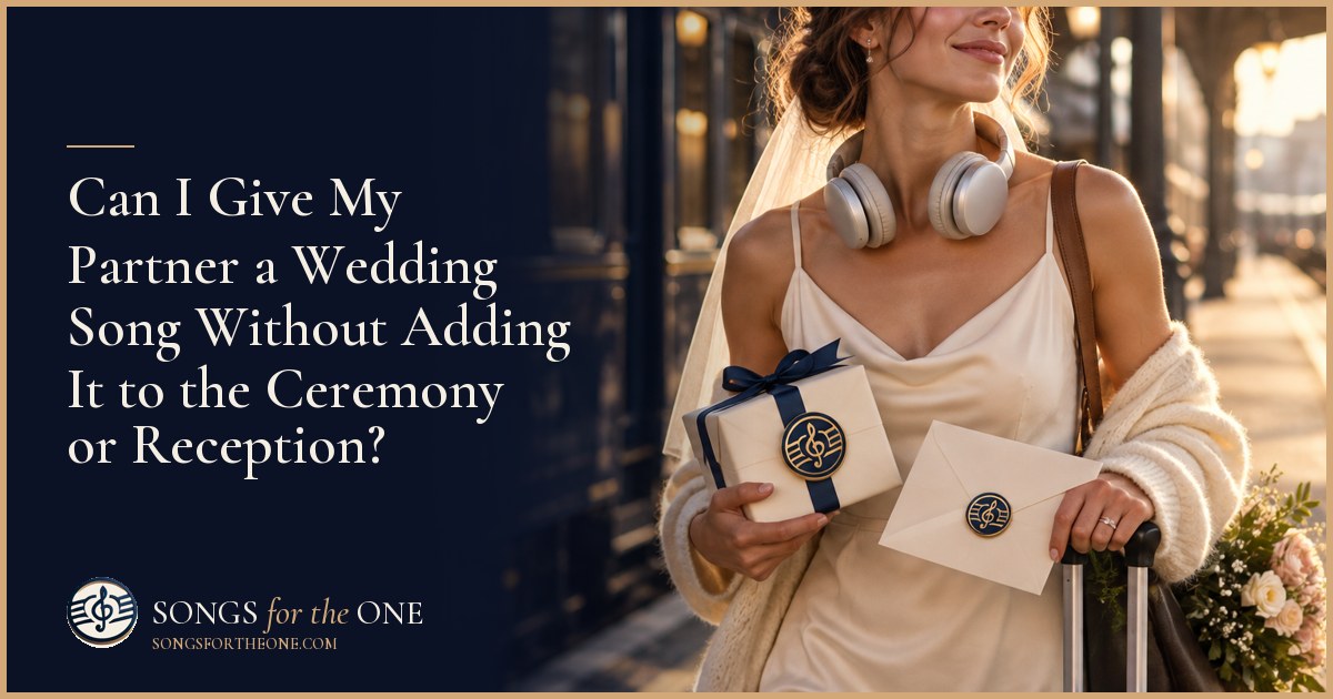 Newlyweds sitting together beside a hotel window, sharing earbuds and holding a small gift envelope