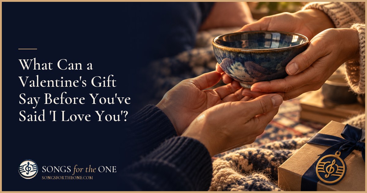 Two people sharing coffee at a kitchen table with a small wrapped Valentine's gift and pastries between them.