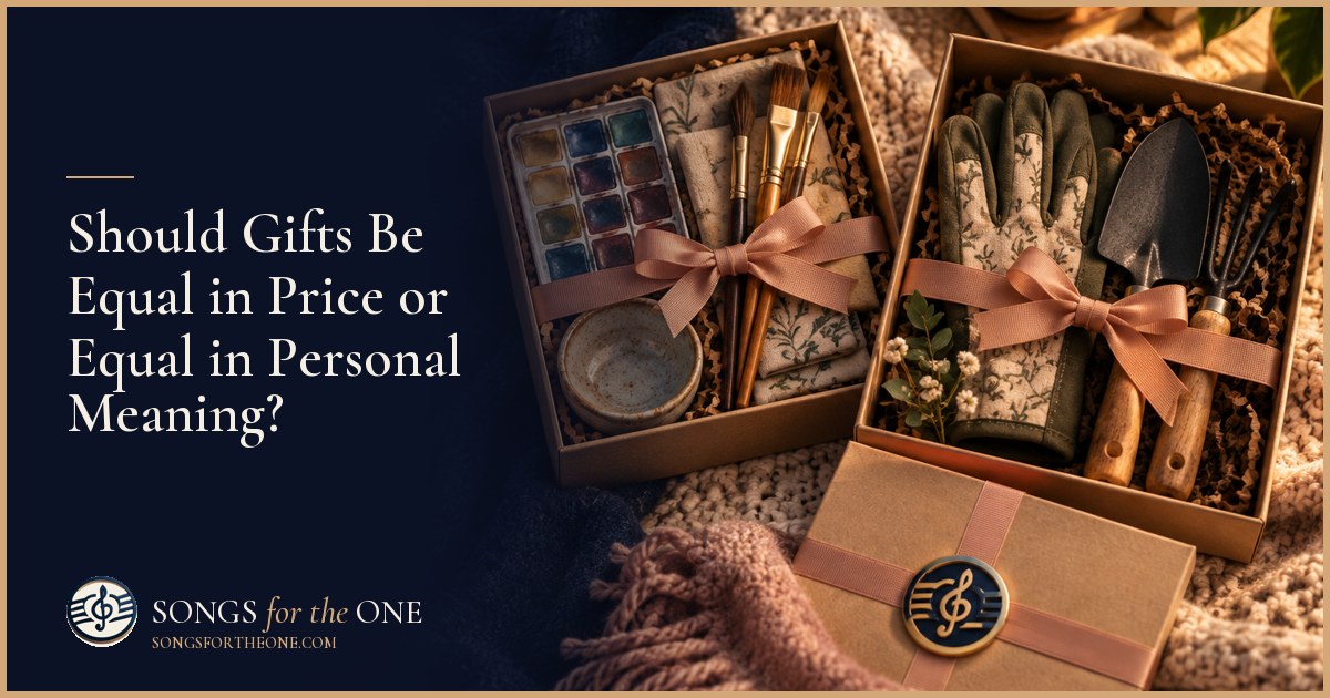 A gift buyer arranging three different presents with similar care around a dining table, including a book, gardening tools, and a wrapped keepsake.