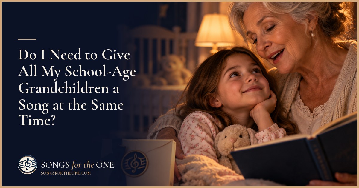 Grandparent sharing headphones with one school-age grandchild while another draws nearby at a family kitchen table.