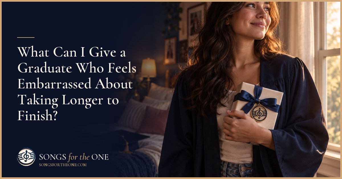 A graduate in a cap and gown shares a quiet porch moment with a loved one holding flowers and a small wrapped gift.