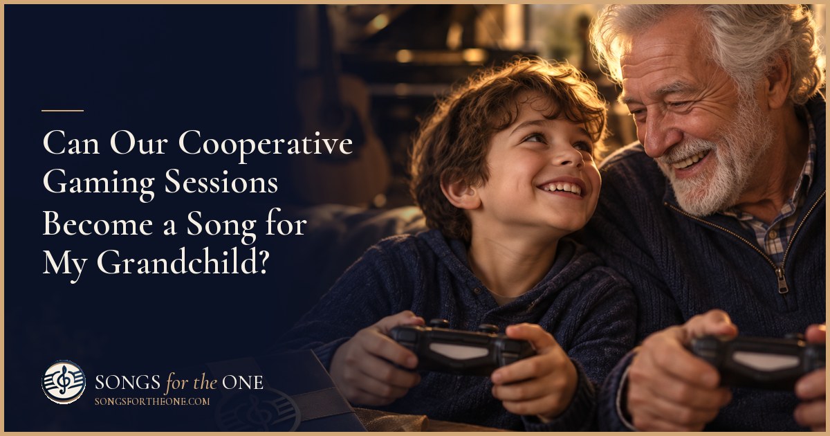 Grandparent and grandchild holding game controllers and sharing a smile during a cooperative gaming session on the sofa.