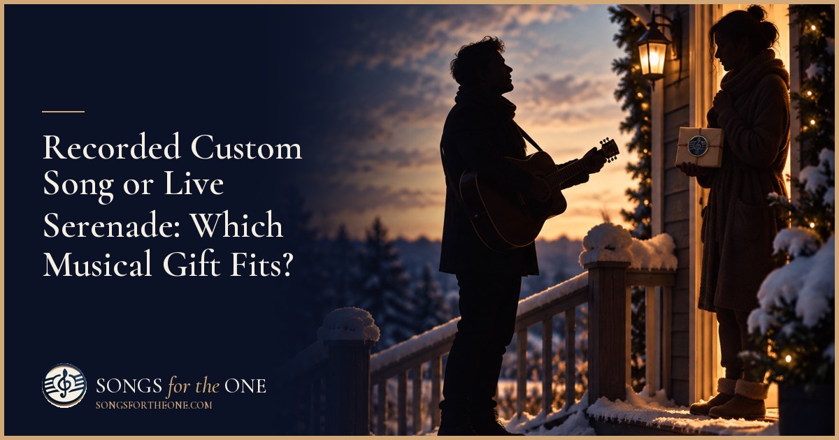 Two musical gift options in a living room: headphones beside a wrapped present and an acoustic guitarist near a small gathering.
