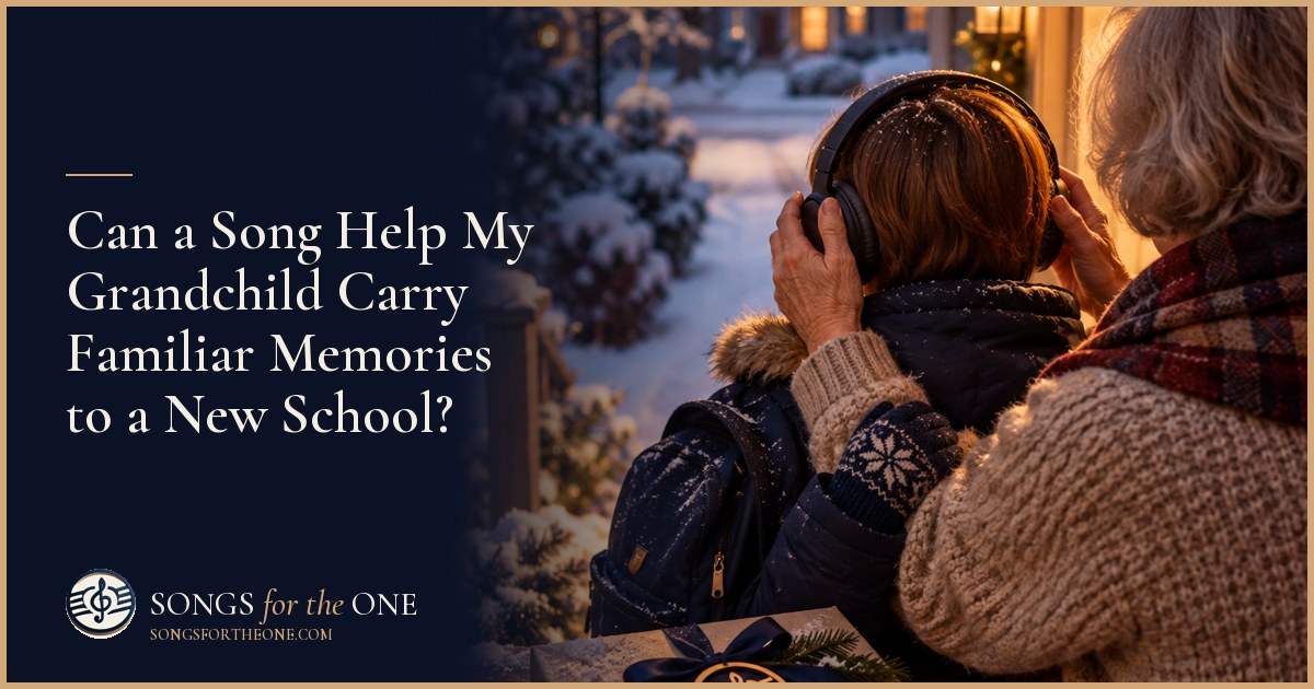 Grandparent and grandchild looking through familiar photographs beside a school backpack, with headphones resting nearby.