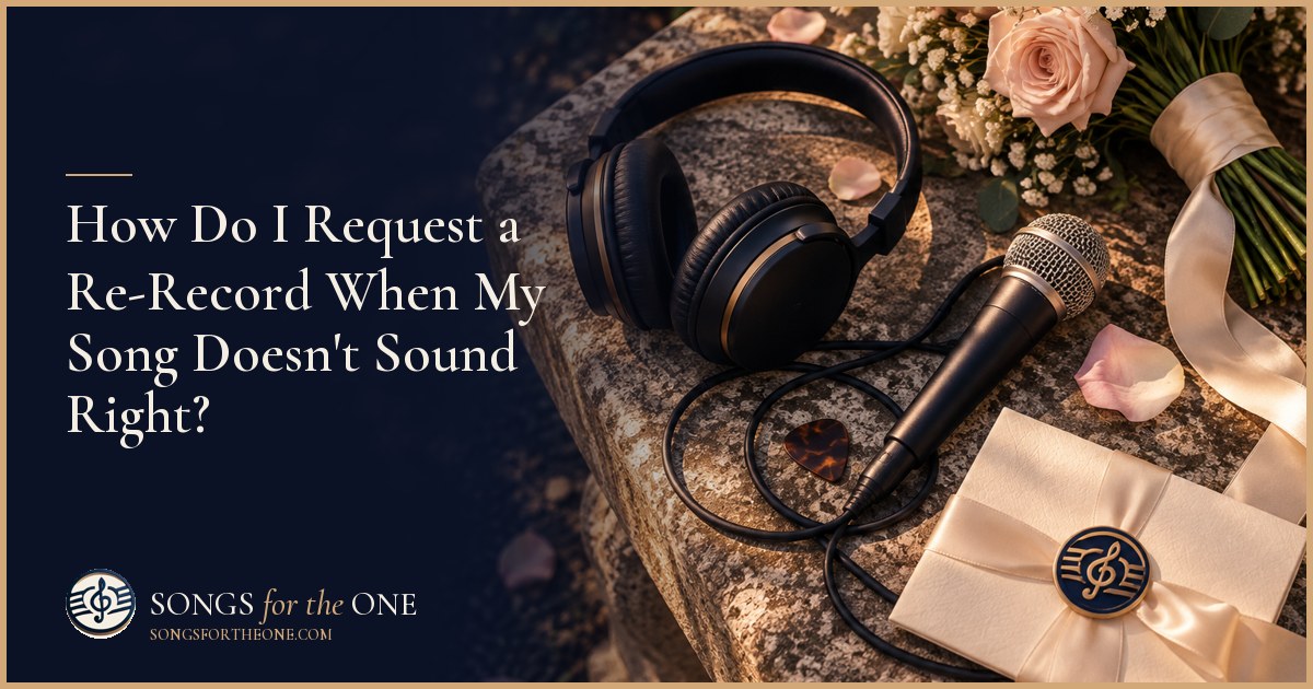 Person wearing headphones and comparing handwritten song feedback notes beside a wrapped gift.
