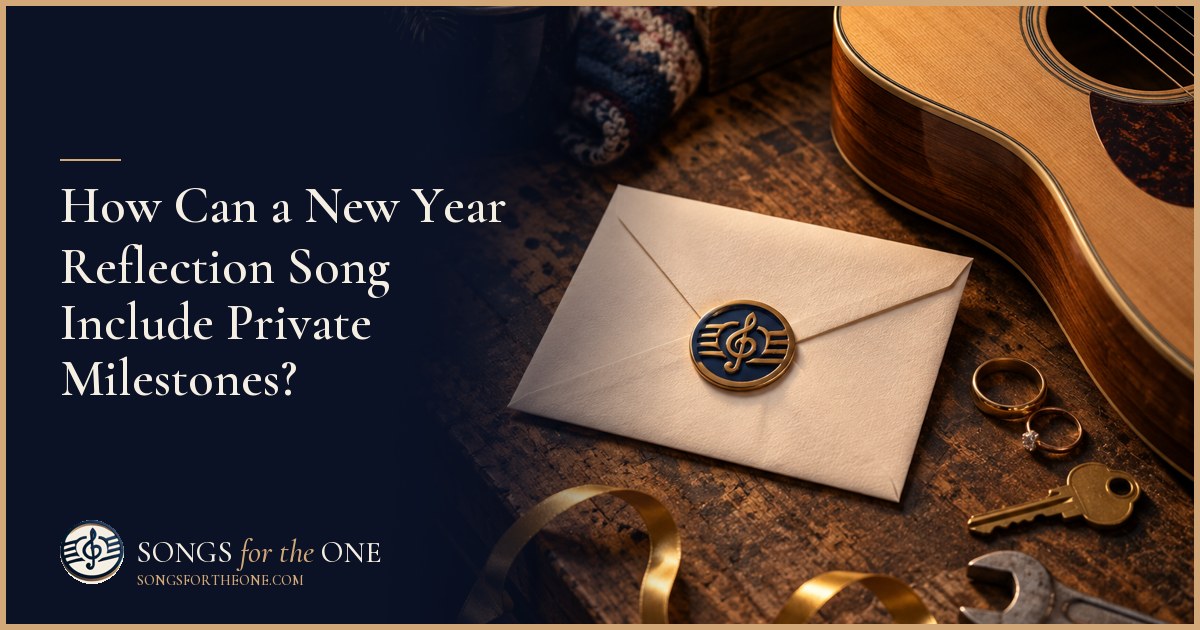 Two adults choosing keepsakes for a New Year song beside a closed journal and a plain envelope