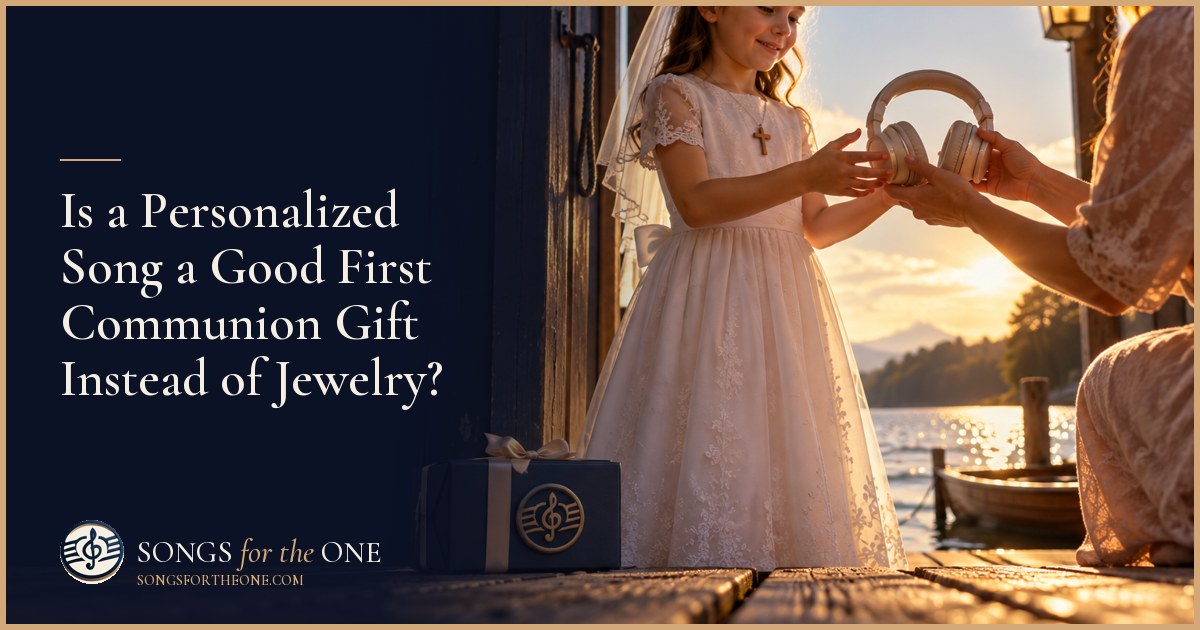 Grandparent and grandchild sharing headphones beside a First Communion card and a small cross necklace box