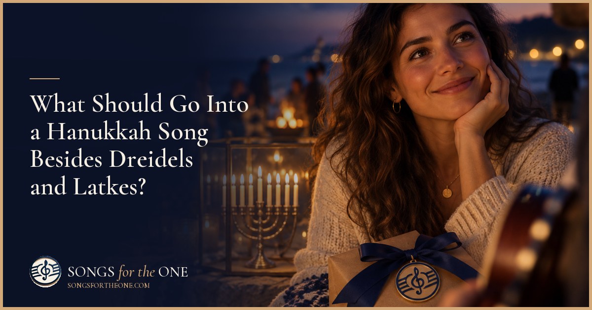 Family gathered beside a lit Hanukkah menorah, with an older adult sharing a photo and a young adult listening.