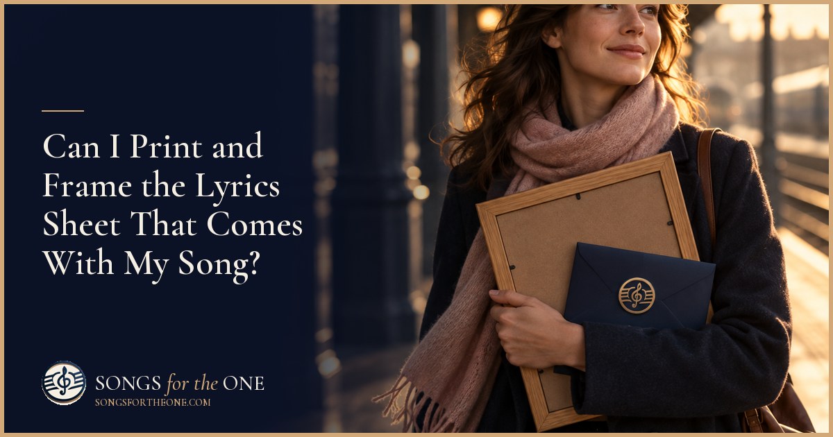 Hands positioning a printed lyrics sheet inside a cream mat beside a wooden frame and a wrapped song gift.