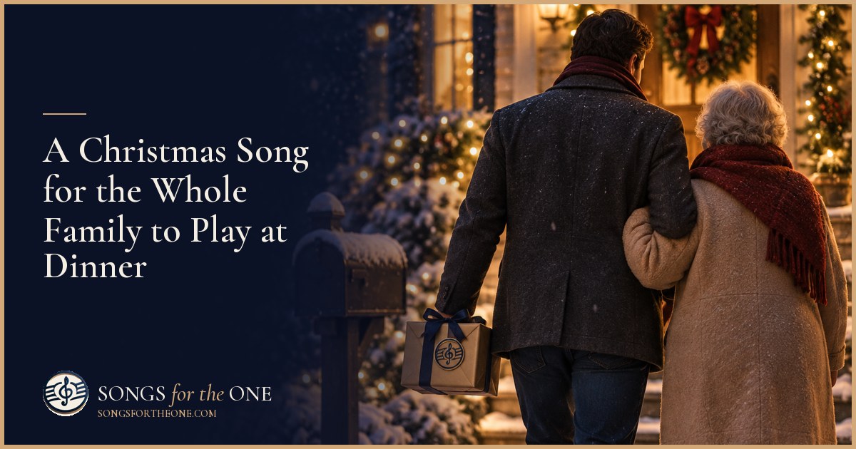 Family gathered around a Christmas dinner table as a grandparent prepares to play a song through a small speaker