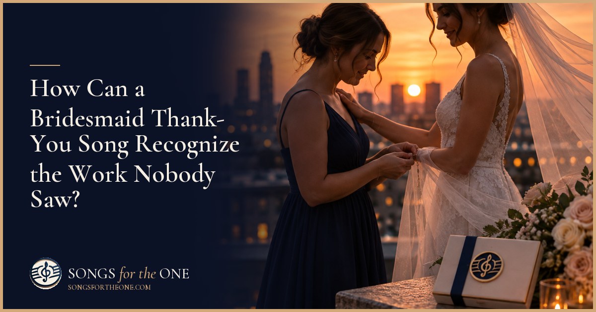 Bride and bridesmaid sharing a quiet moment beside a wedding preparation table with sewing supplies and a glass of water