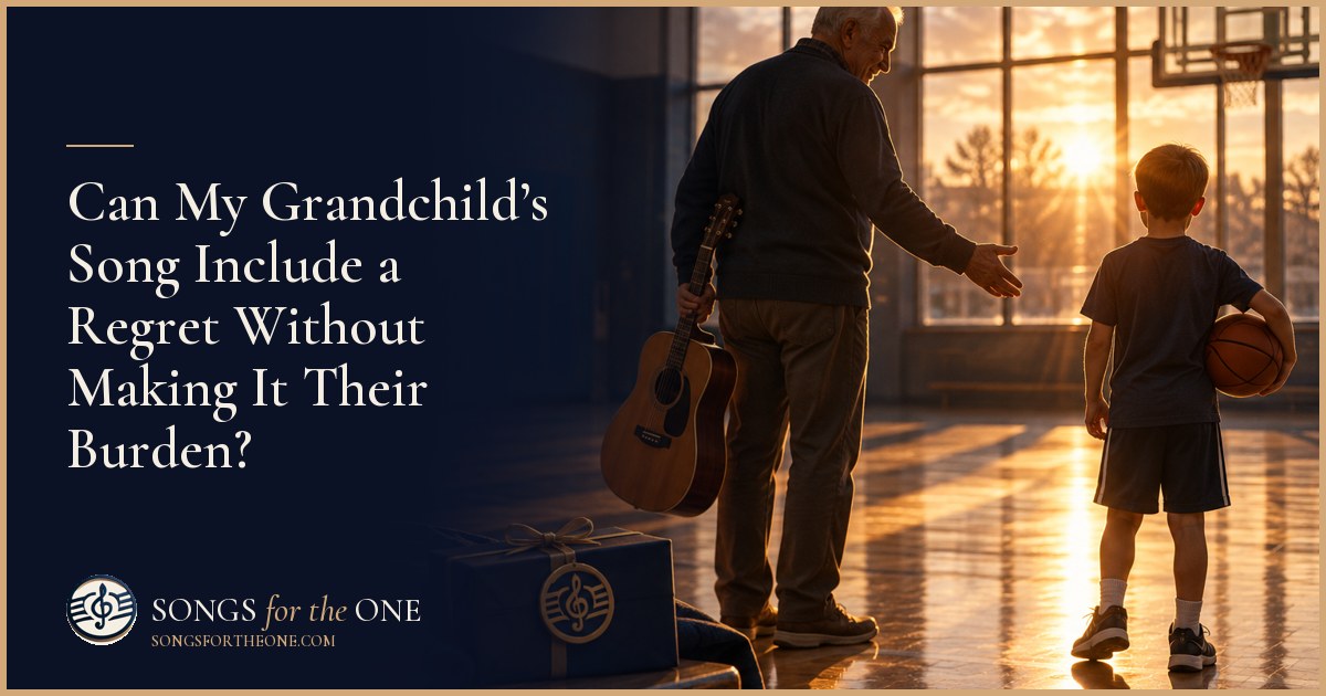 Grandparent and adult grandchild looking at an old guitar and family photographs together at a kitchen table.
