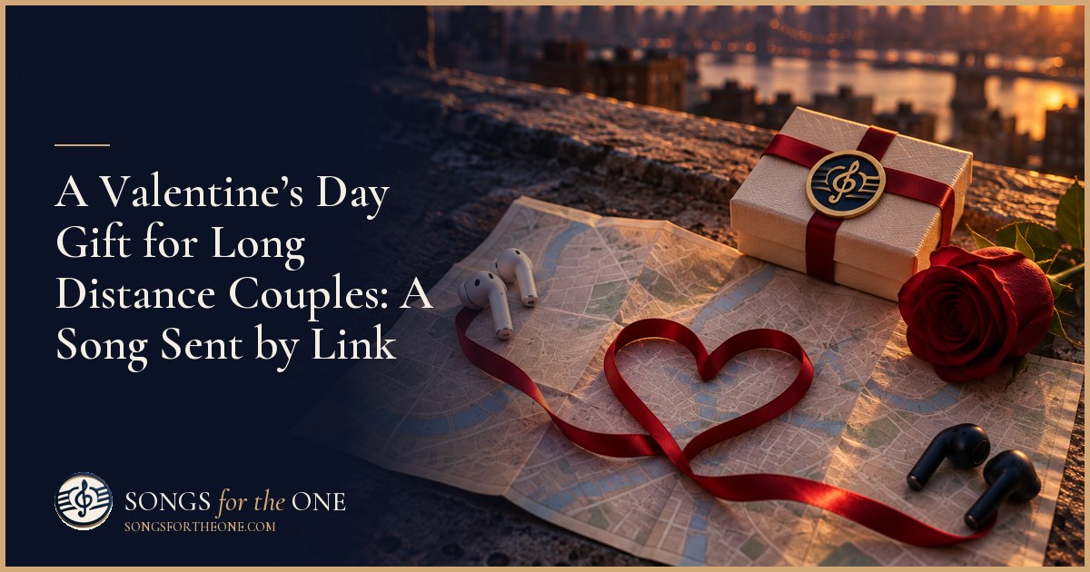 Person wearing headphones beside a Valentine card and two clocks, with a distant partner visible on a laptop video call