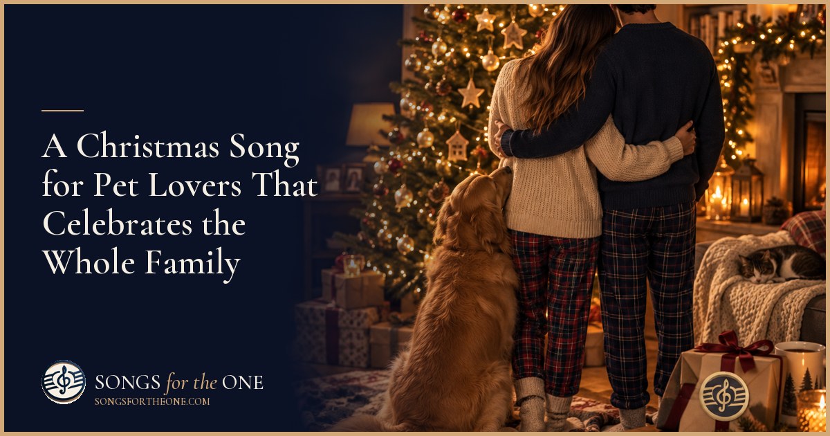 Family gathered beside a Christmas tree with a dog and cat, listening to a song through a small speaker
