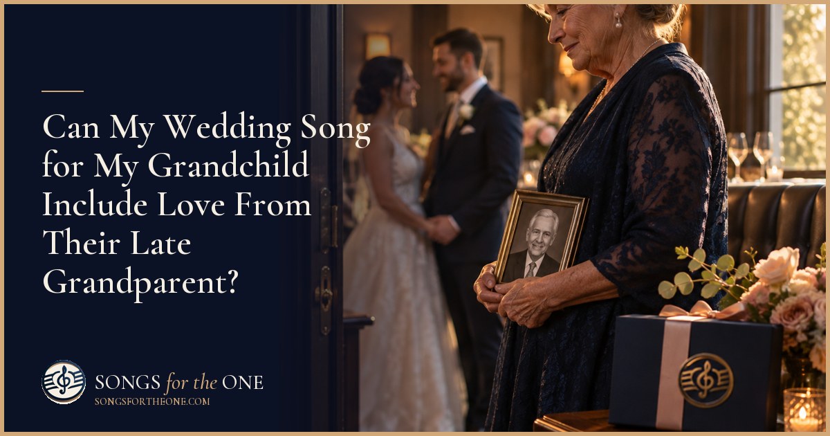 Grandmother choosing a photograph of her late spouse with their grandchild beside a wrapped wedding gift