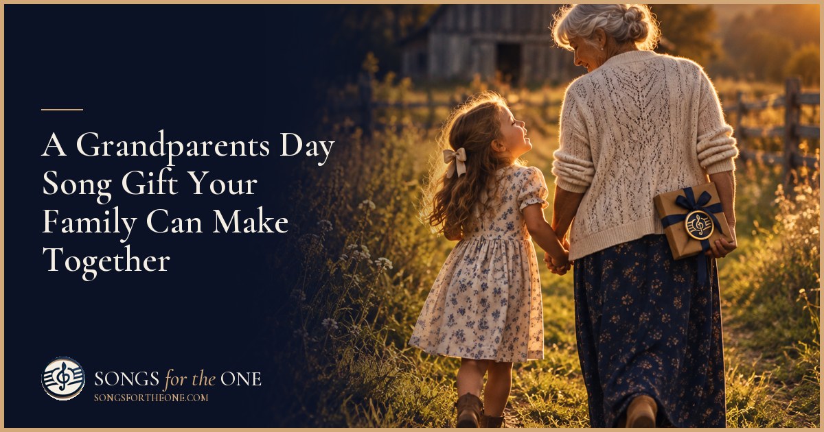 Family members gathering handwritten memories around a kitchen table to make a Grandparents Day song