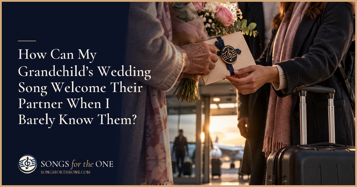 Grandparent gathering wedding song ideas with a notebook and family photographs beside two wedding place settings.