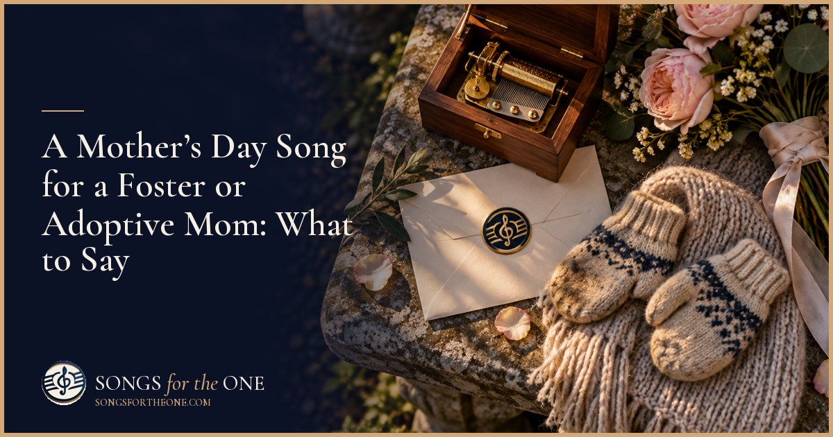 Adult child and mother figure sharing a quiet listening moment beside flowers and a childhood photo album