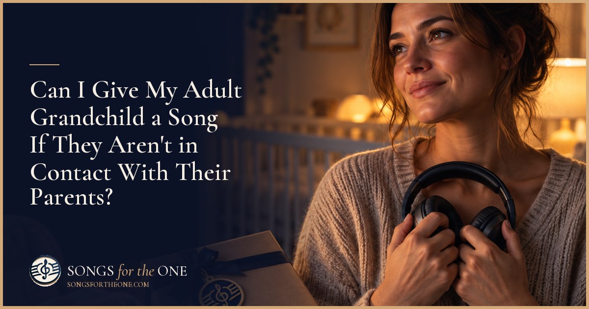 Grandparent choosing a photograph of a shared gardening memory beside a notebook and headphones at a kitchen table.