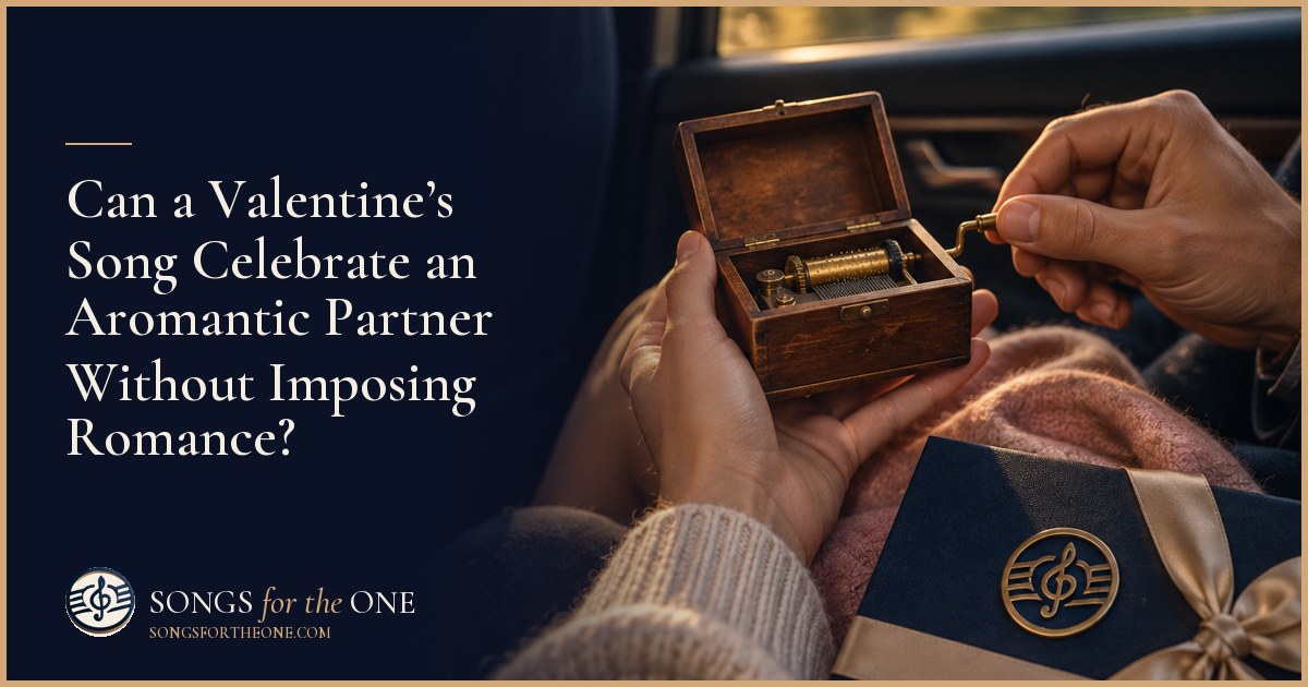 Two partners at a kitchen table with headphones, a small wrapped gift, and a calendar open to February.