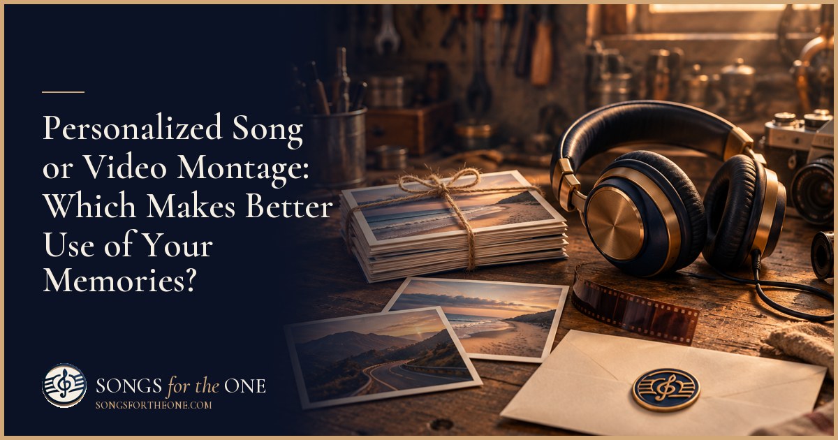 Gift maker sorting family photographs beside handwritten memory notes, headphones, and a laptop on a kitchen table.