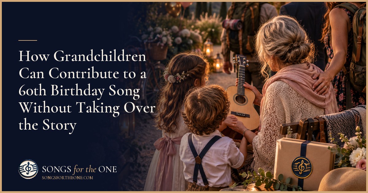 Family members gathering birthday song ideas around a table with children's drawings, hiking photographs, and a guitar nearby