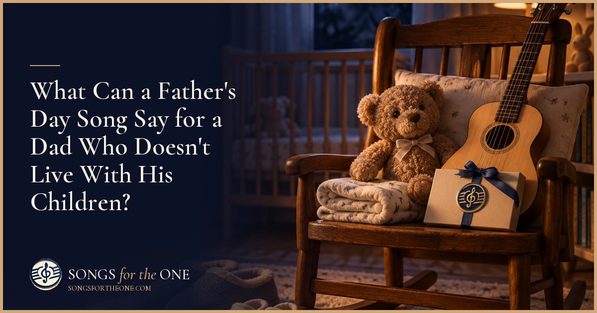 Father and child sharing headphones on a park bench beside a small overnight backpack