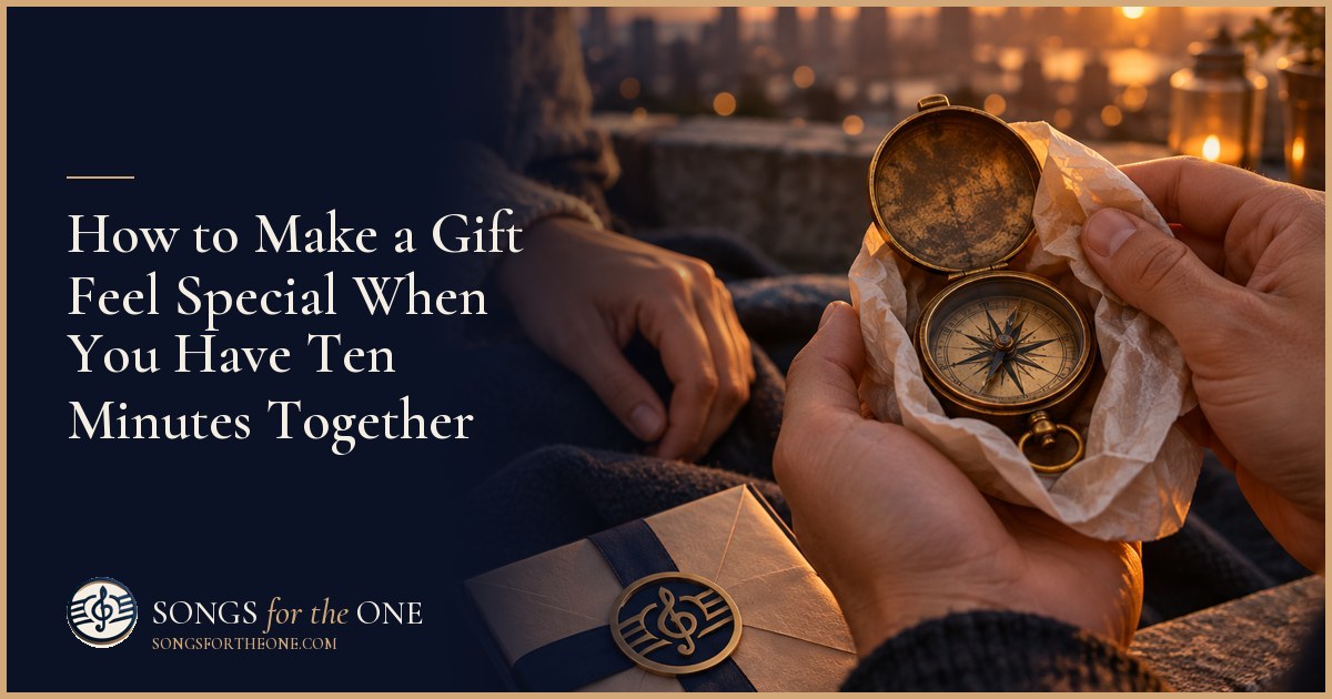Two adults sharing a quiet gift moment at a kitchen table with a small wrapped present, a handwritten card, and headphones.