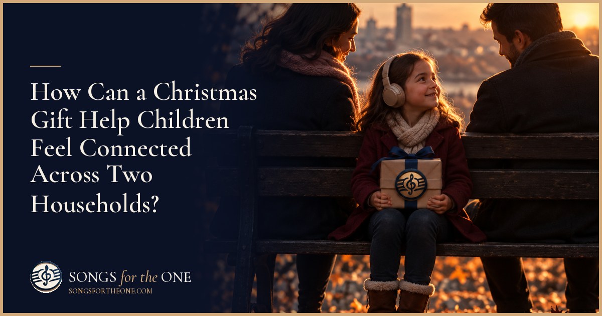 Parent and child listening to music beside a Christmas tree, with a small overnight bag and headphones nearby.