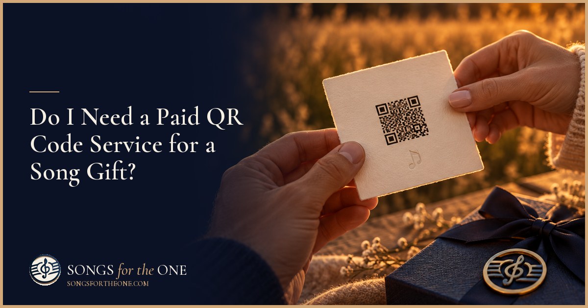 Hands placing a printed QR code card beside a wrapped gift, with a smartphone ready to scan it