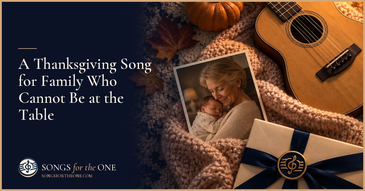 Family gathered around a Thanksgiving table, listening to a song from a phone beside an empty place setting