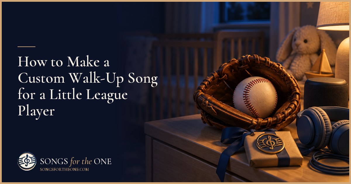 Parent and young baseball player listening to a song beside a Little League dugout, with a small speaker and batting helmet nearby