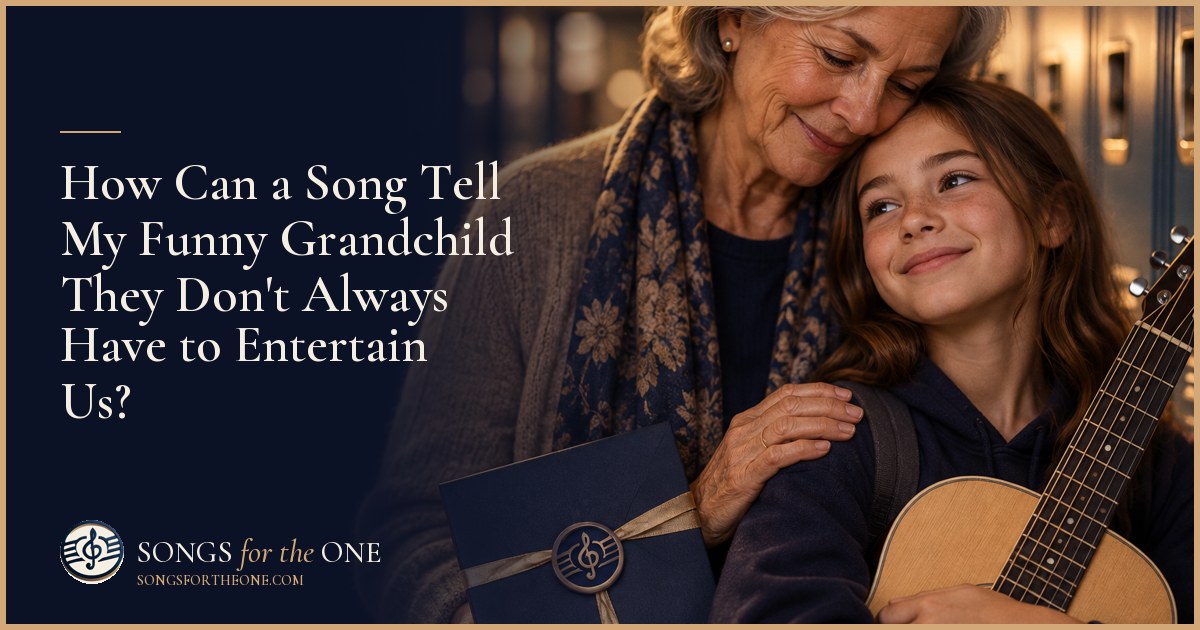 Grandparent and grandchild sitting quietly together on a porch, with a joke prop set aside on the nearby table.