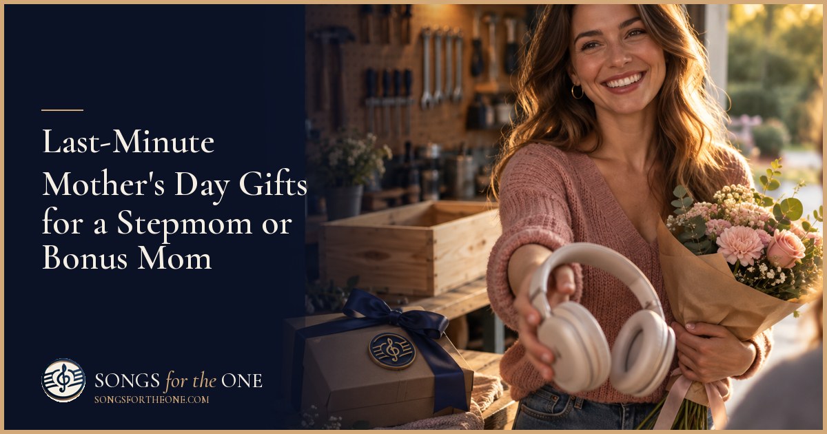 Adult child giving a wrapped bouquet and headphones to a smiling stepmom at a kitchen table on Mother's Day