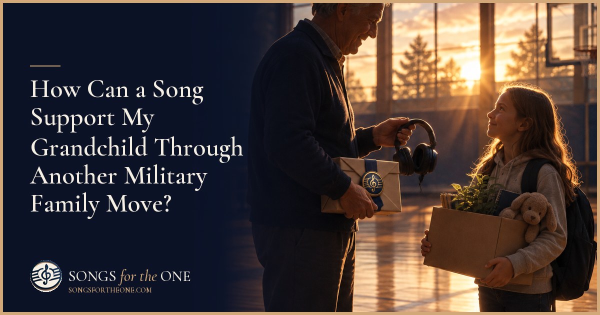 Grandparent and grandchild sharing headphones beside moving boxes and a small album of family photographs.