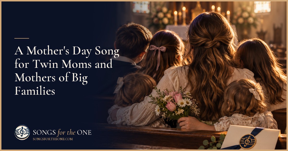 Mother sitting with twins and their older siblings at a kitchen table, listening to a song beside handmade Mother's Day cards