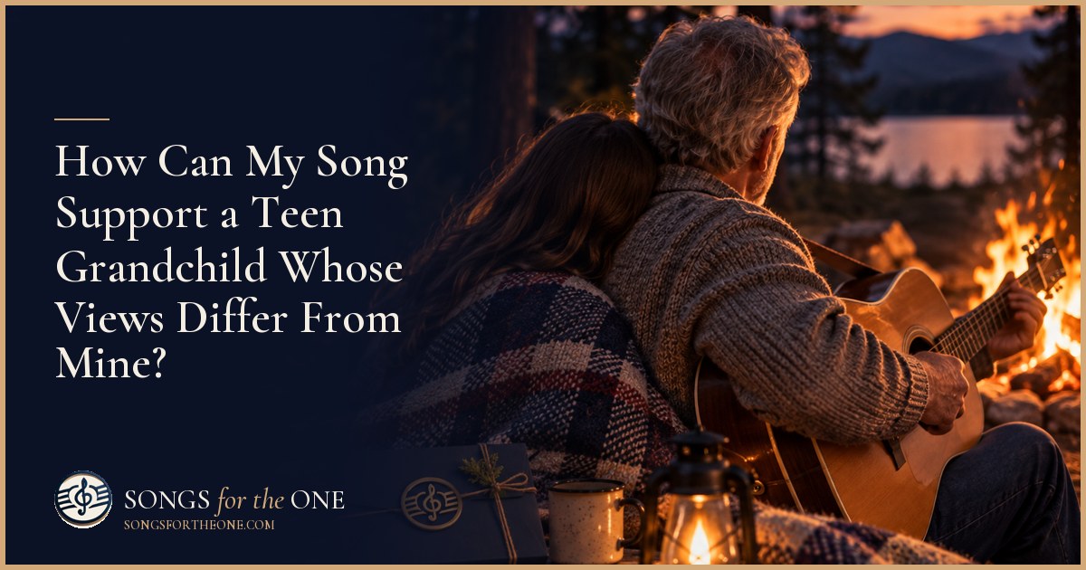 Grandparent and teenage grandchild sitting together on porch steps, sharing earbuds beside an acoustic guitar