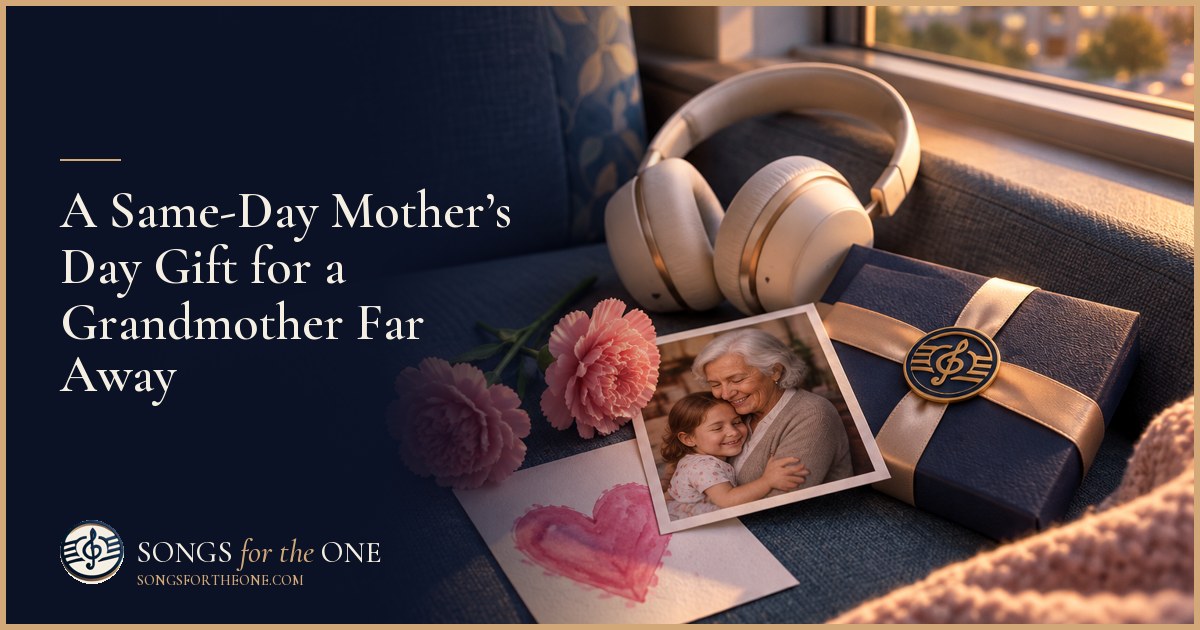 Grandmother listening through headphones beside a vase of flowers, with a phone and family photographs on her kitchen table.