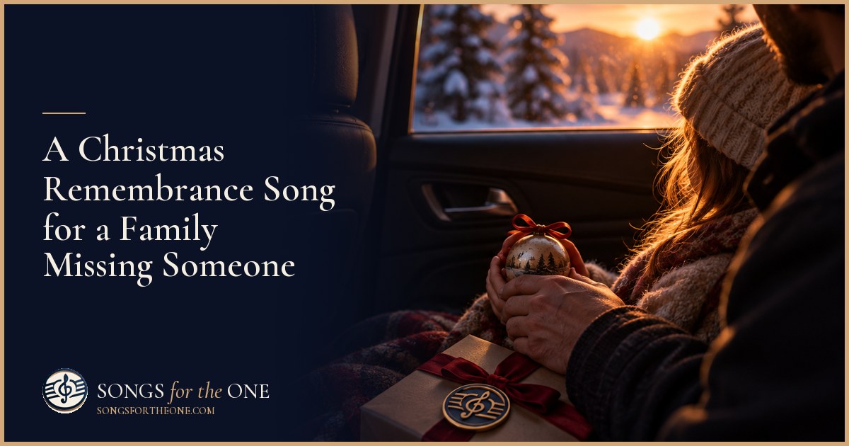 Family gathered beside a Christmas tree, listening quietly near a framed photograph and a cherished handmade ornament.