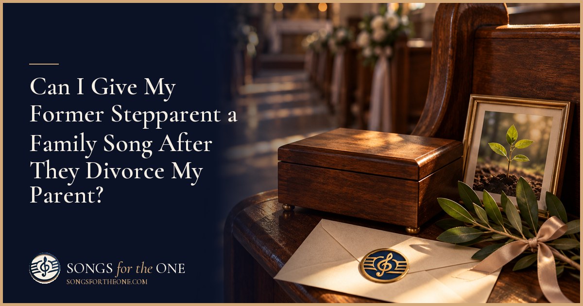 An adult child and former stepparent sharing a quiet moment over an old family photo album at a kitchen table.