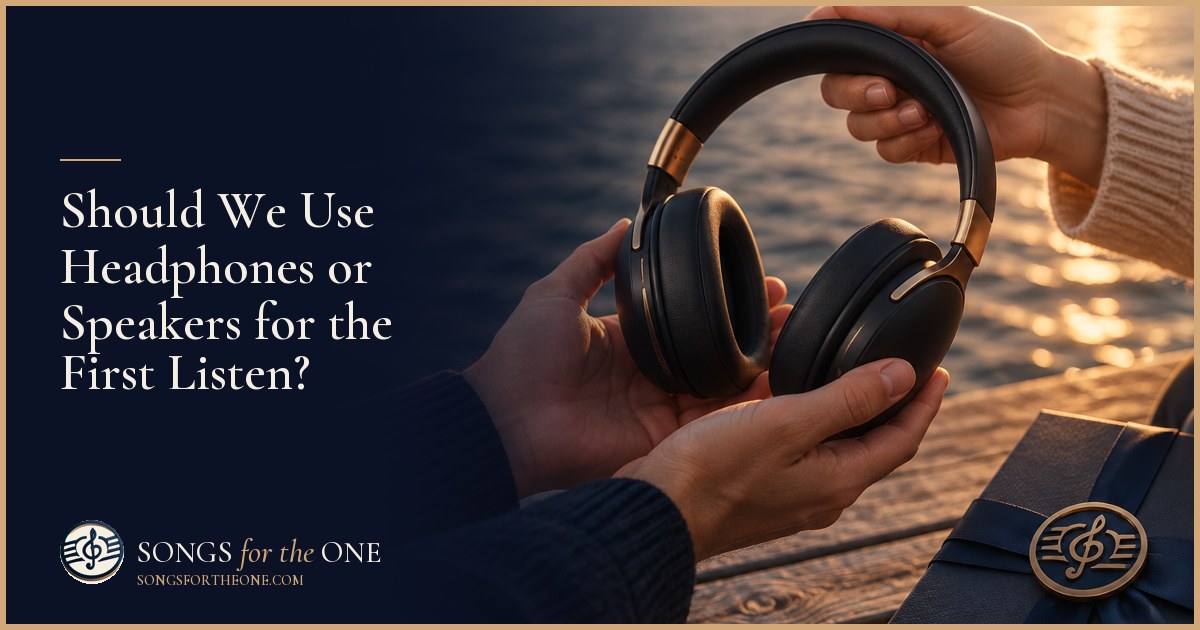 Two adults on a sofa choosing between over-ear headphones and a small speaker for a song's first listen.