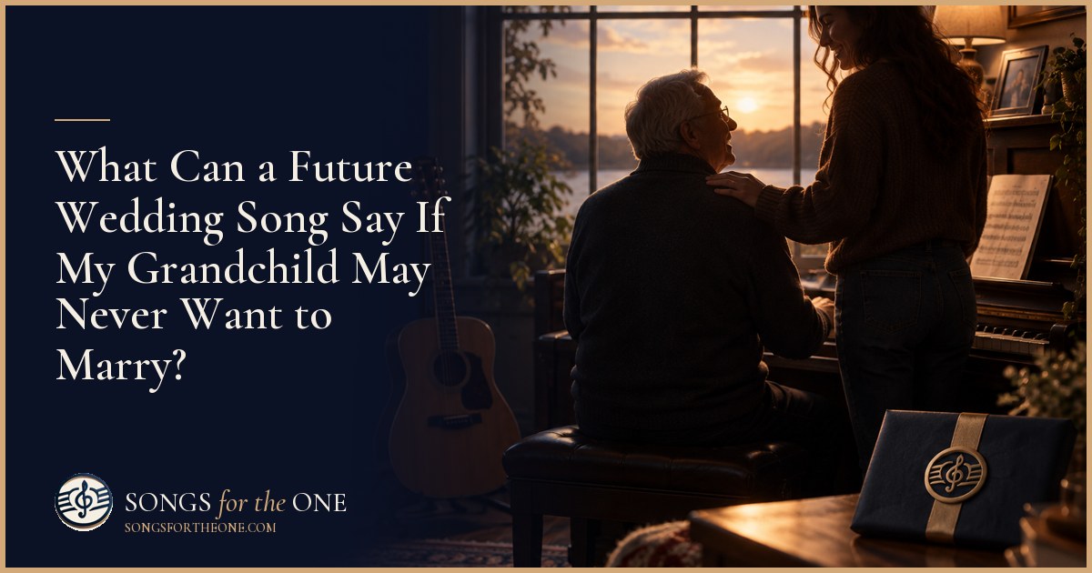 Grandparent and adult grandchild looking through family photographs at a kitchen table, with a guitar and closed keepsake box nearby.