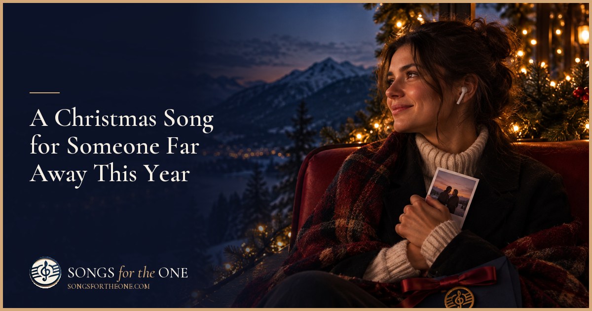 Woman beside a Christmas tree holding a phone and a family photo while preparing a song gift for someone far away