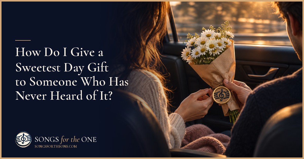 One partner offers a small wrapped treat and flowers across a kitchen table while the other smiles in surprise.