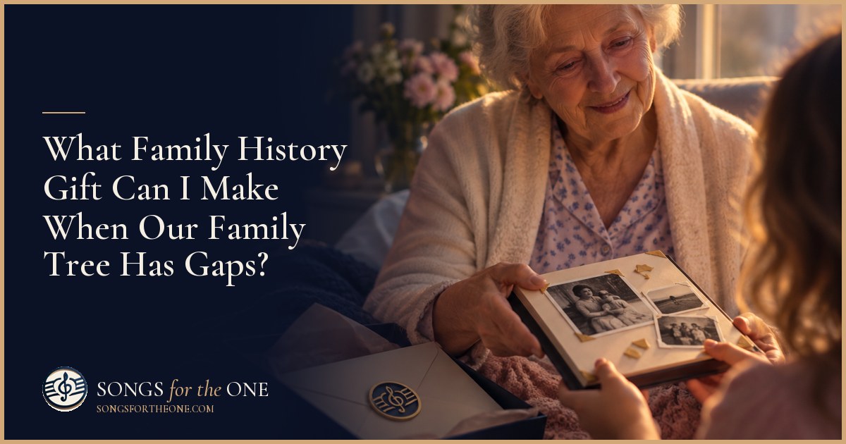 Grandparent and grandchild arranging family photographs, a handwritten recipe, and an unfinished family tree at a kitchen table.