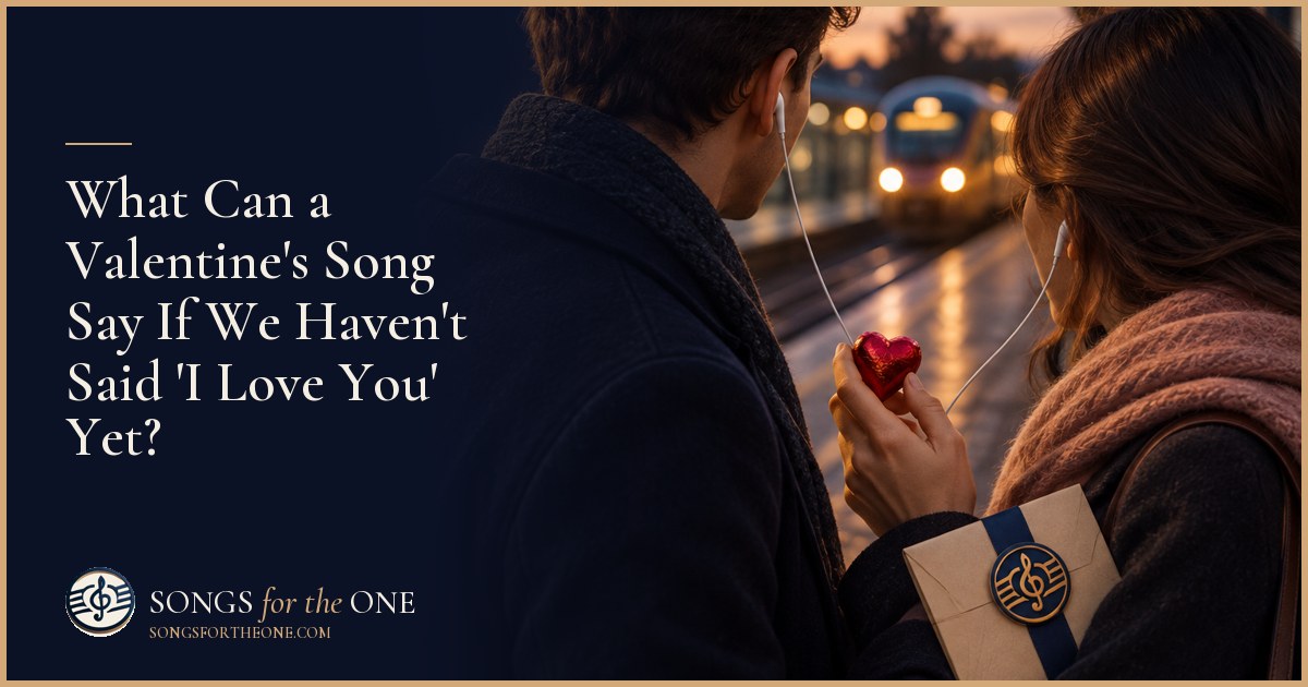 A couple sharing earbuds at a kitchen table, with two mugs and a small Valentine's envelope beside them