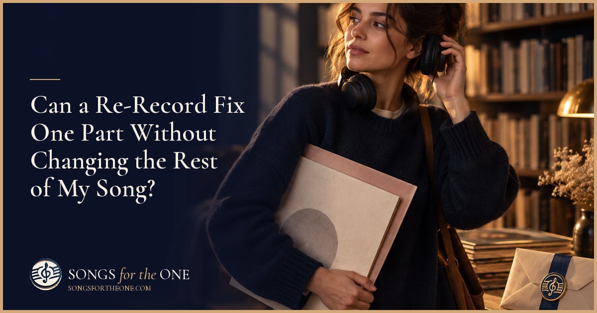 Person wearing headphones comparing song notes beside a laptop, with a wrapped gift nearby.