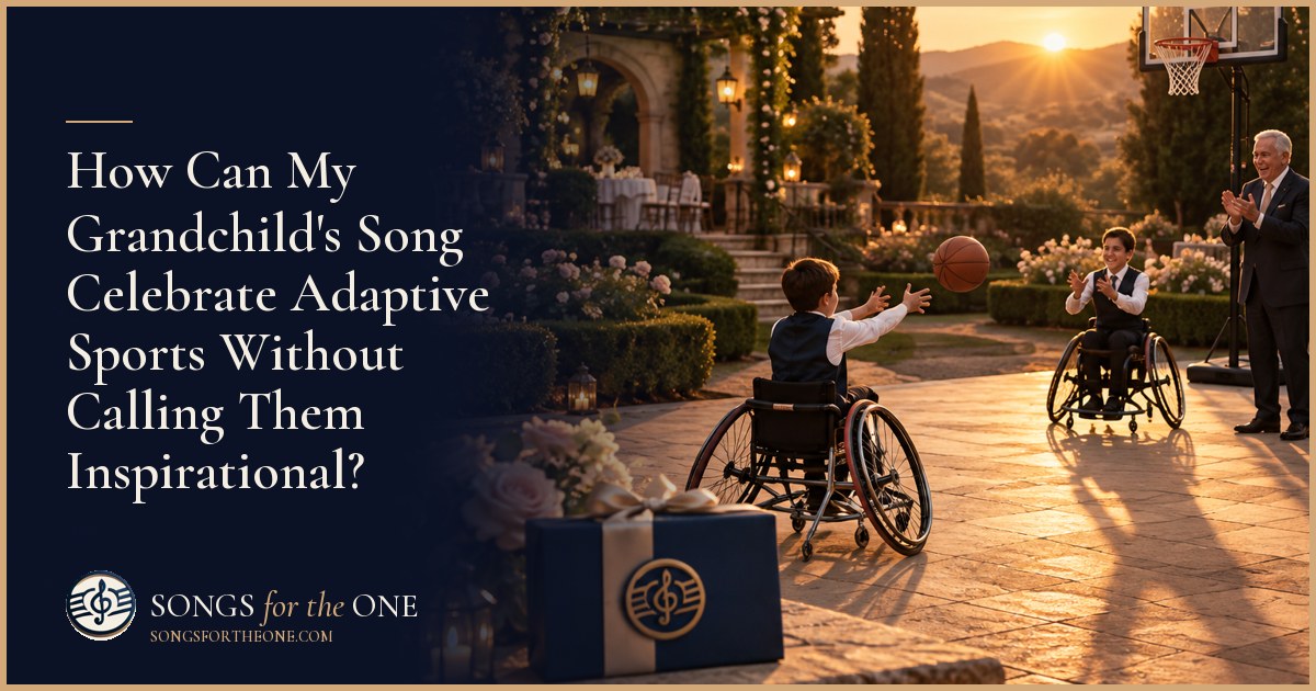Grandparent listening to a young wheelchair basketball player beside a sports chair and basketball on an indoor court.