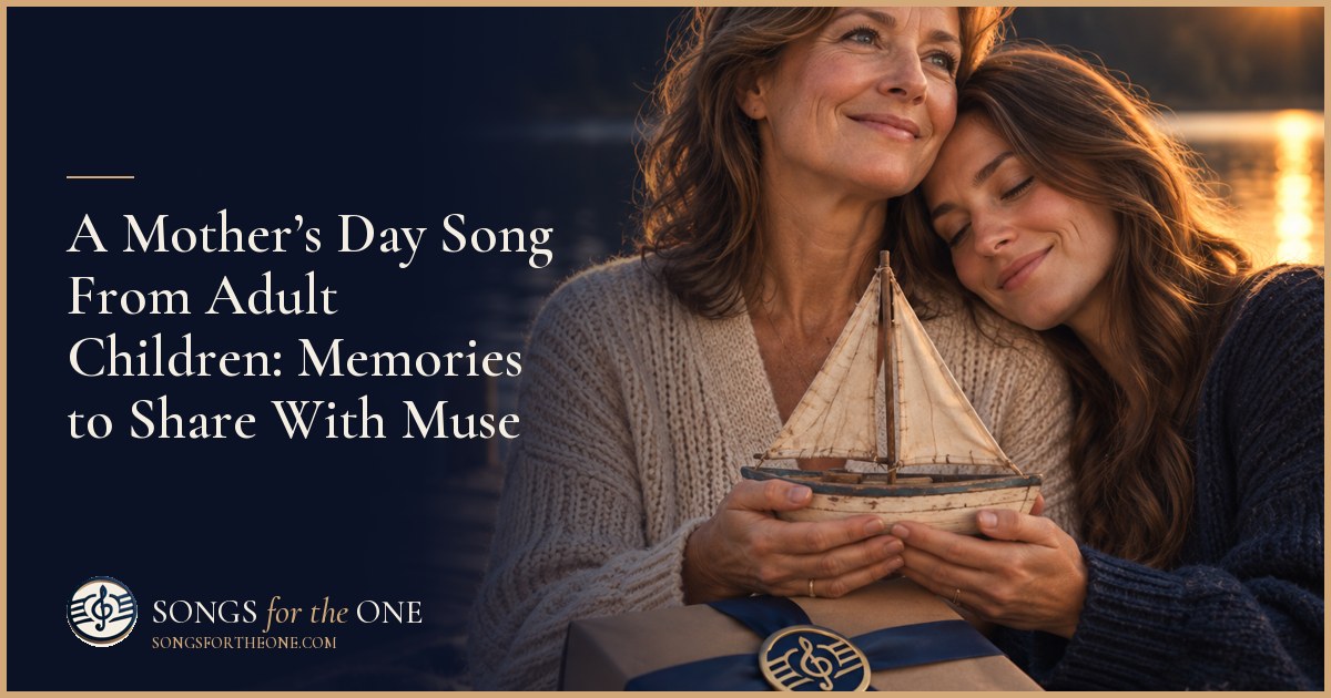 Adult siblings choosing family photographs at a kitchen table for a Mother’s Day song for their mom.