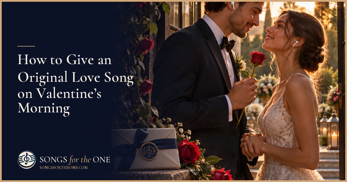 A couple sharing earbuds over morning coffee, with a folded card and a single rose on the kitchen table.